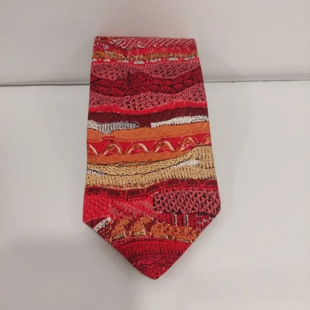 Coogi Australia Necktie Tie Designer Silk Red Brown Yellow Orange Folk Abstract